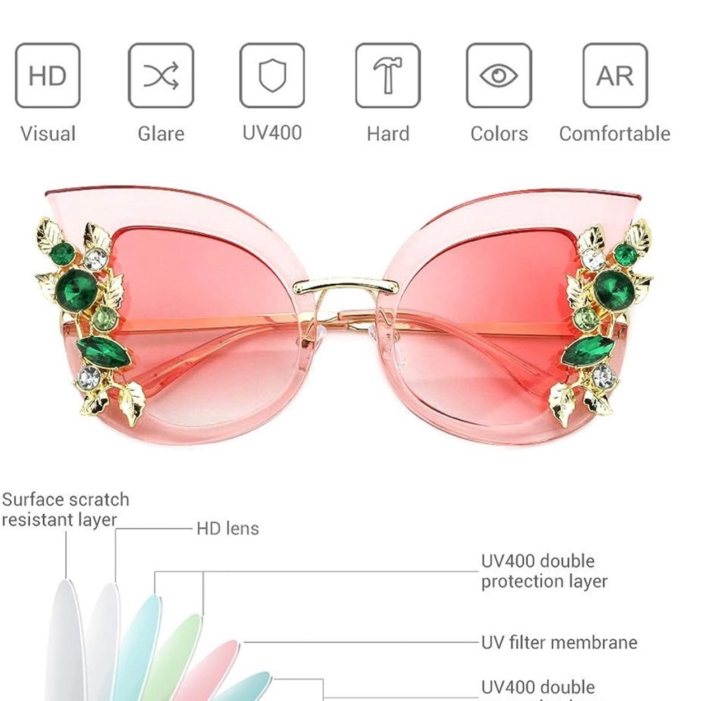 Blue cat eye butterfly rhinestone bling embellished sunglasses. - Picture 8 of 15